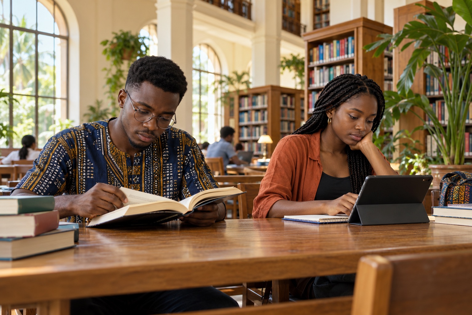 Illustration d’étudiants lisant dans une bibliothèque universitaire