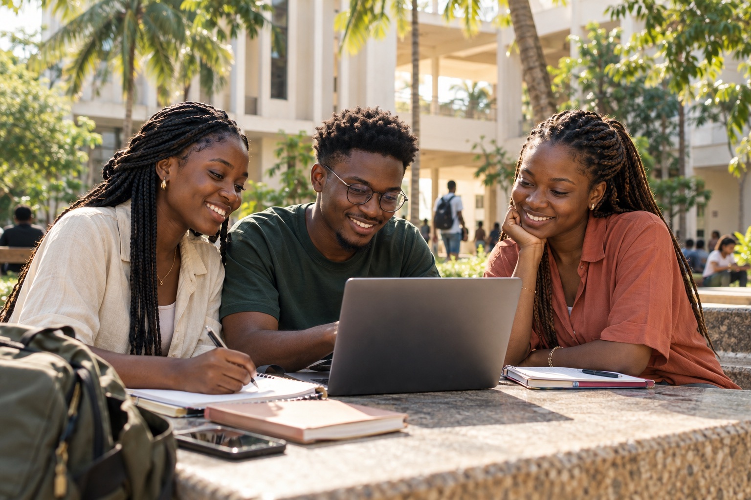 Illustration de trois étudiants réunis autour d’un ordinateur sur un campus arboré